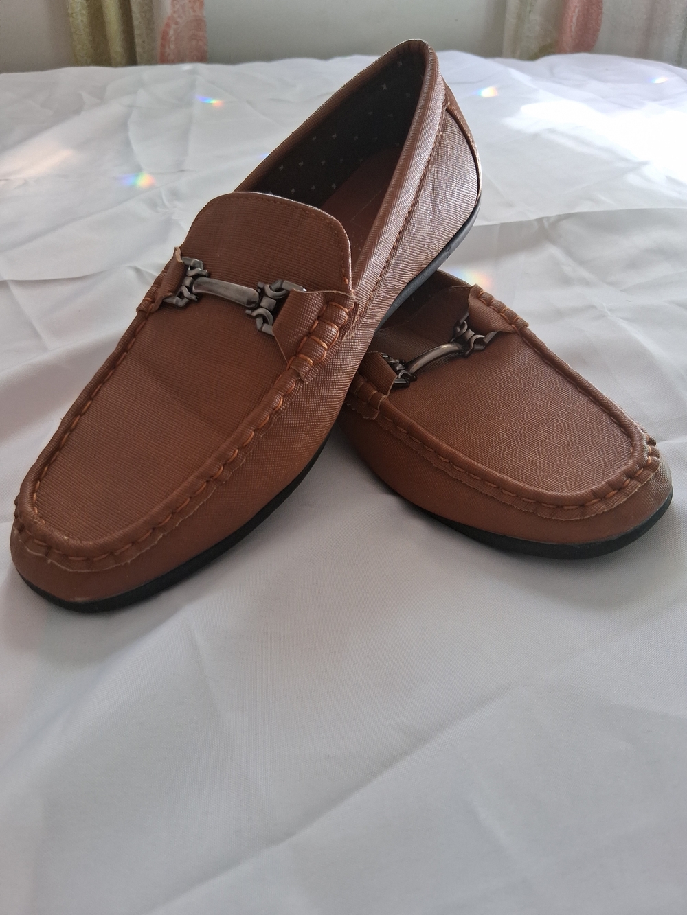 Kids Tan Slip-On Dress Loafers with Metal Bit Detail